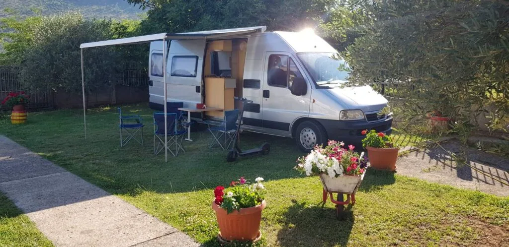 Fiat Ducato Adria Twin camper set up in a garden