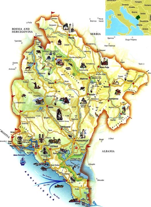 Tourist map of Montenegro with landmarks, routes, coast, mountains, lakes, and major destinations